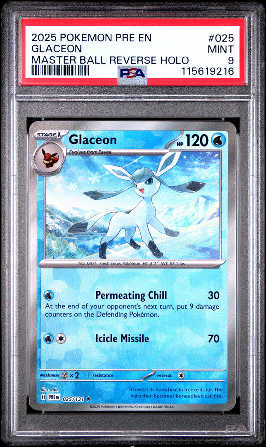 2025 Pokemon Pre En-Prismatic Evolutions 025 Glaceon Master Ball Reverse Holo - PSA 9