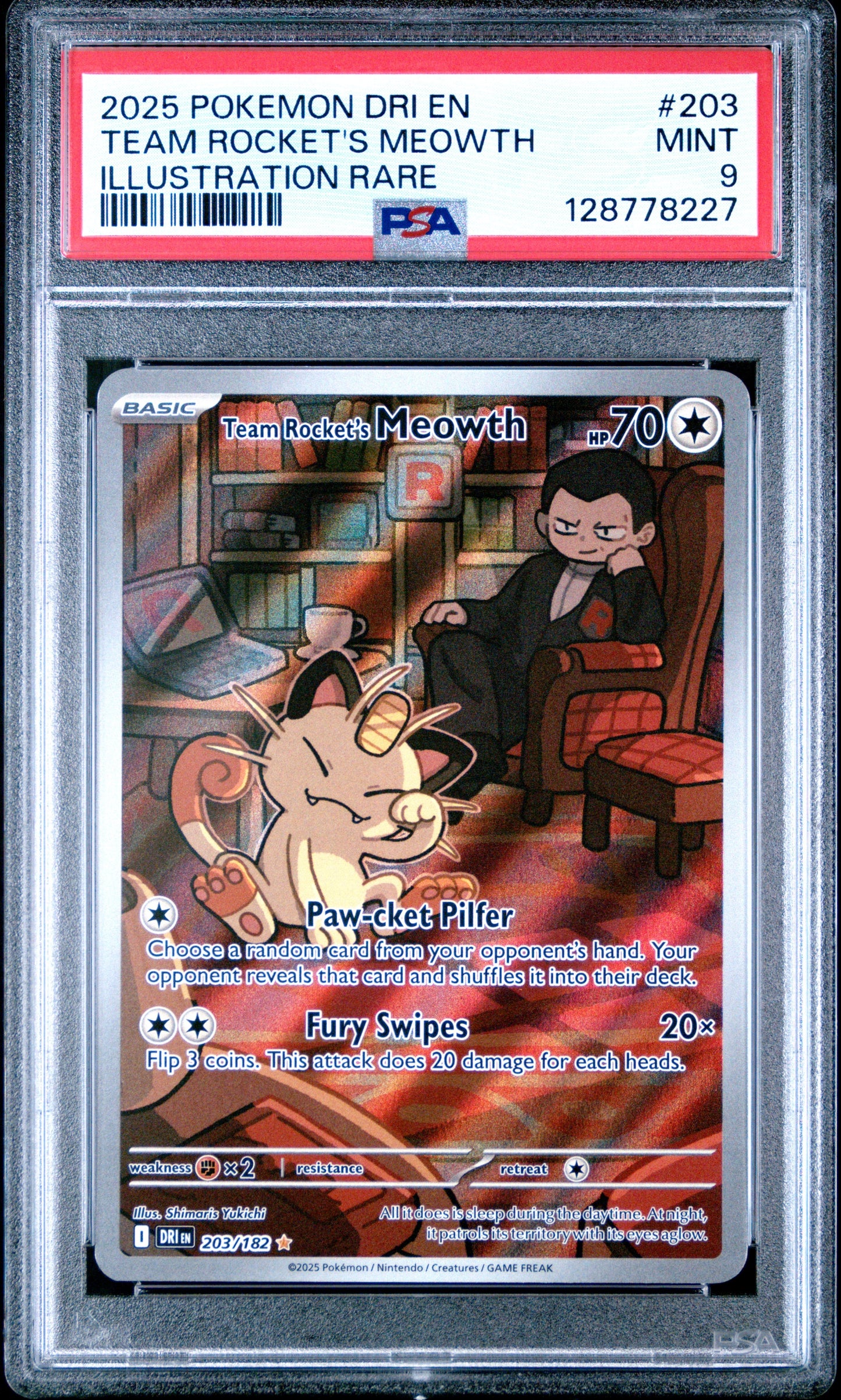 2025 Pokemon Dri En-Destined Rivals 203 Team Rocket's Meowth Illustration Rare - PSA 9