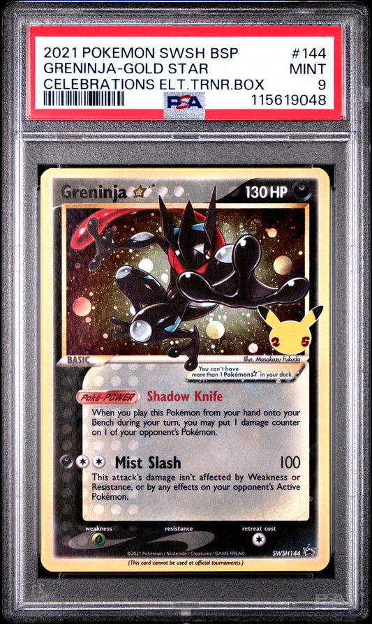 2021 Pokemon Swsh Black Star Promo 144 Greninja Gold Star Celebrations Elt.Trnr.Box - PSA 9