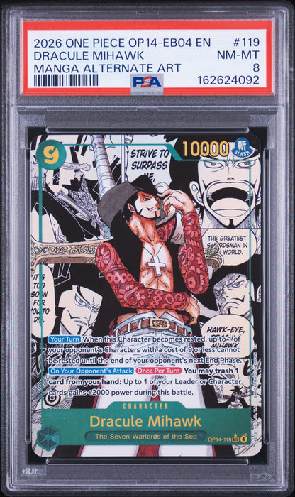 2026 One Piece Op14-Eb04-The Azure Sea's Seven 119 Dracule Mihawk Manga Alternate Art - PSA 8