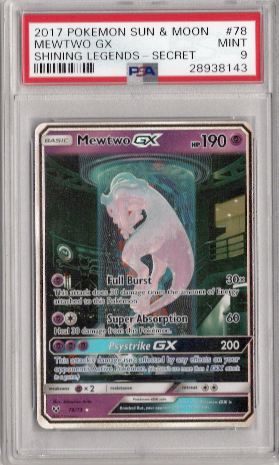2017 Pokemon Sun & Moon Shining Legends 78 Mewtwo Gx Shining Legends-Secret - PSA 9