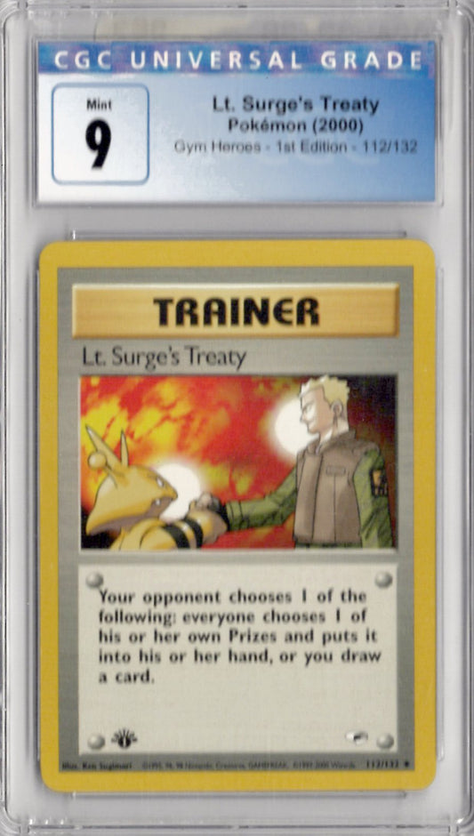 2000 Pokemon Gym Heroes 1st Edition 112 Lt. Surge's Treaty - CGC 9