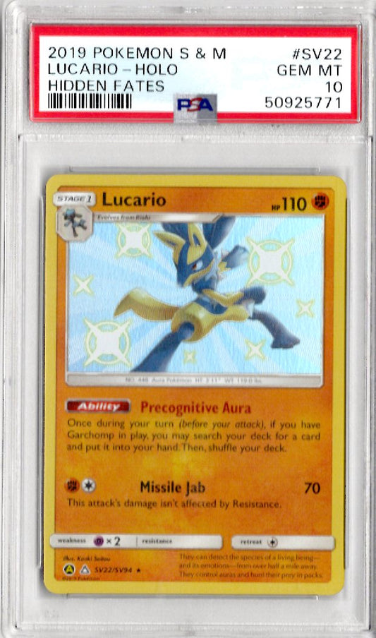 2019 Pokemon Sun & Moon Hidden Fates Sv22 Lucario-Holo Hidden Fates - PSA 10