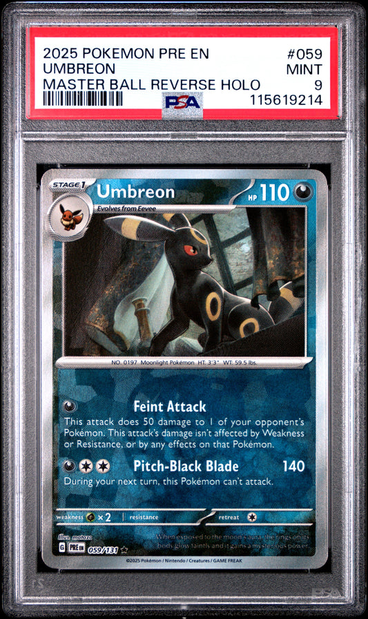 2025 Pokemon Pre En-Prismatic Evolutions 059 Umbreon Master Ball Reverse Holo - PSA 9