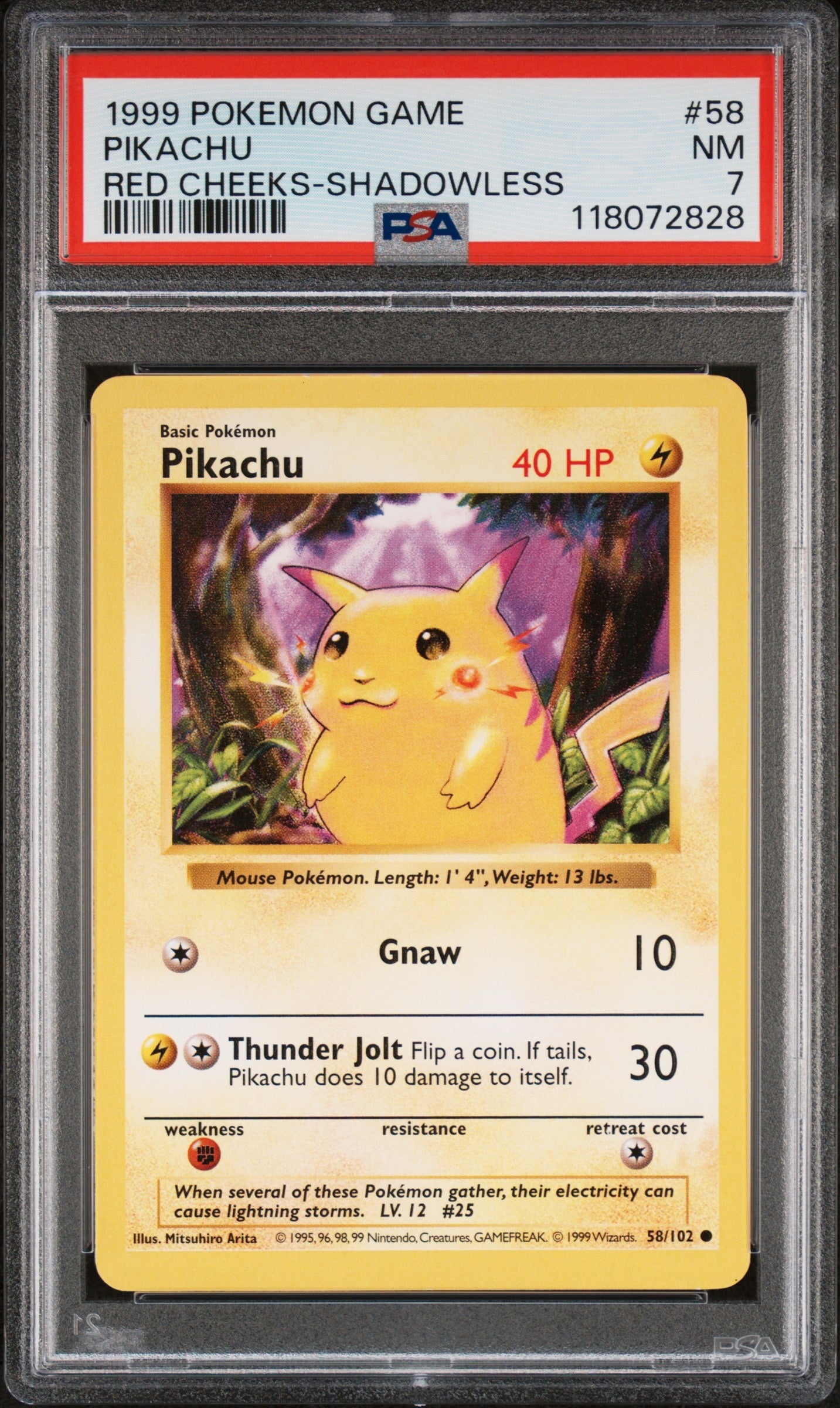 1999 Pokemon Game 58 Pikachu Red Cheeks-Shadowless - PSA 7