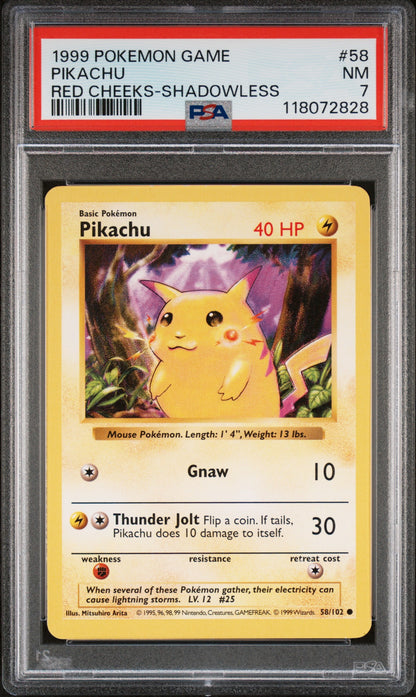 1999 Pokemon Game 58 Pikachu Red Cheeks-Shadowless - PSA 7