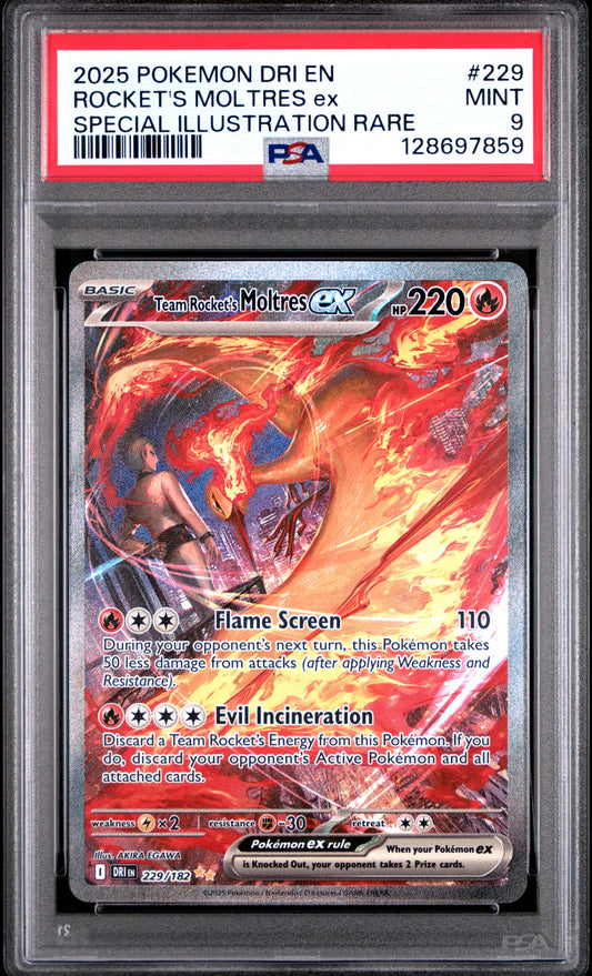 2025 Pokemon Dri En-Destined Rivals 229 Rocket's Moltres Ex Special Illustration Rare - PSA 9