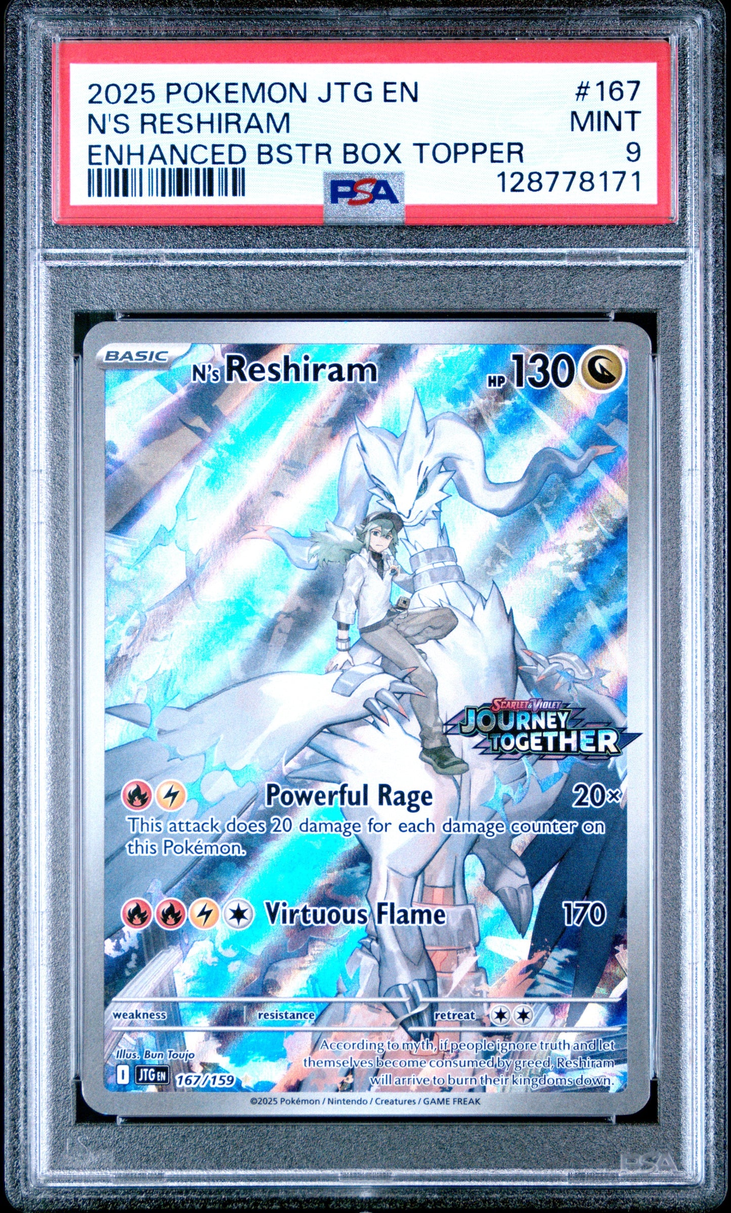 2025 Pokemon Jtg En-Journey Together 167 N's Reshiram Enhanced Bstr Box Topper - PSA 9
