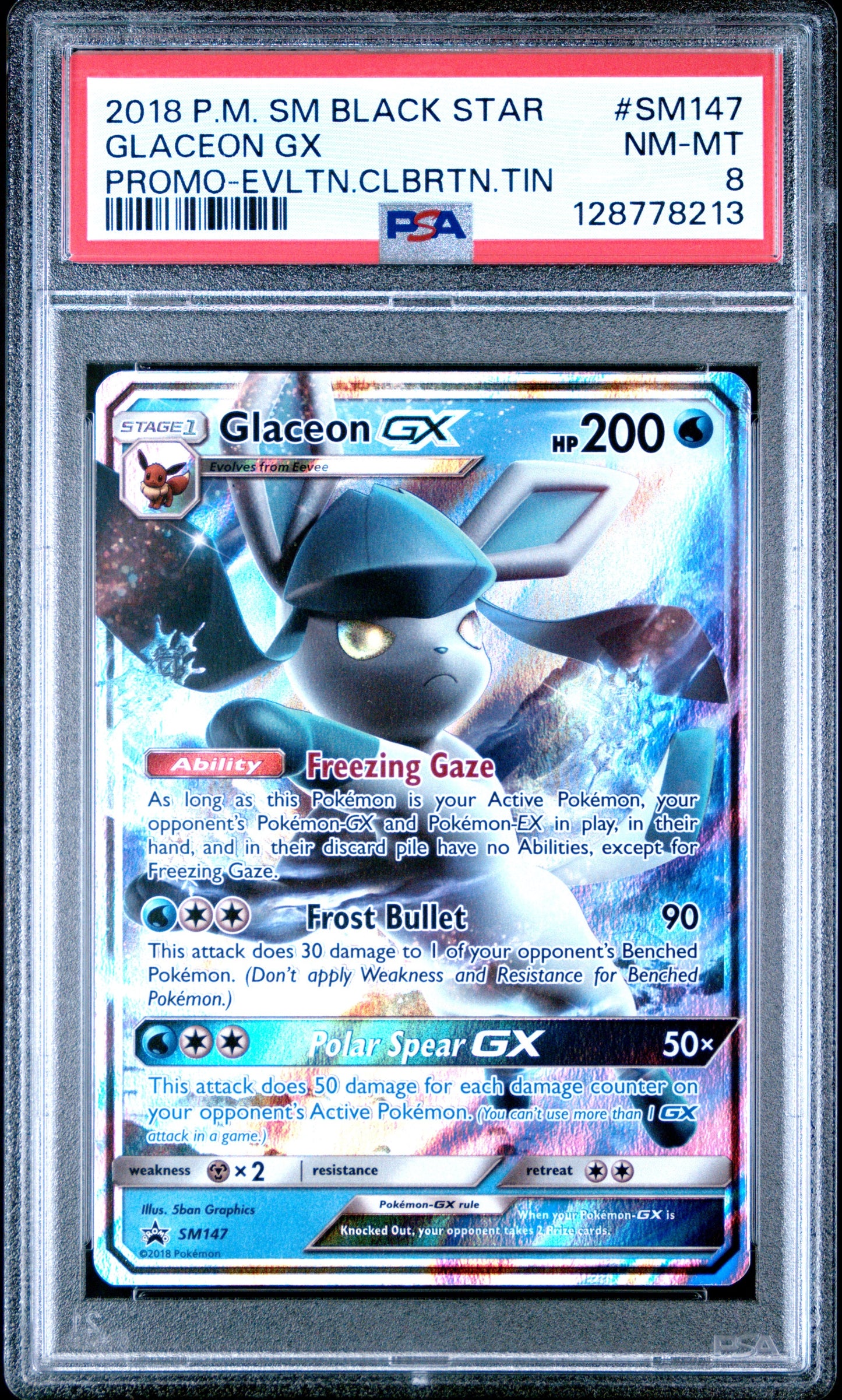 2018 Pokemon Sm Black Star Promo Sm147 Glaceon GX Promo-Evltn.Clbrtn.Tin - PSA 8