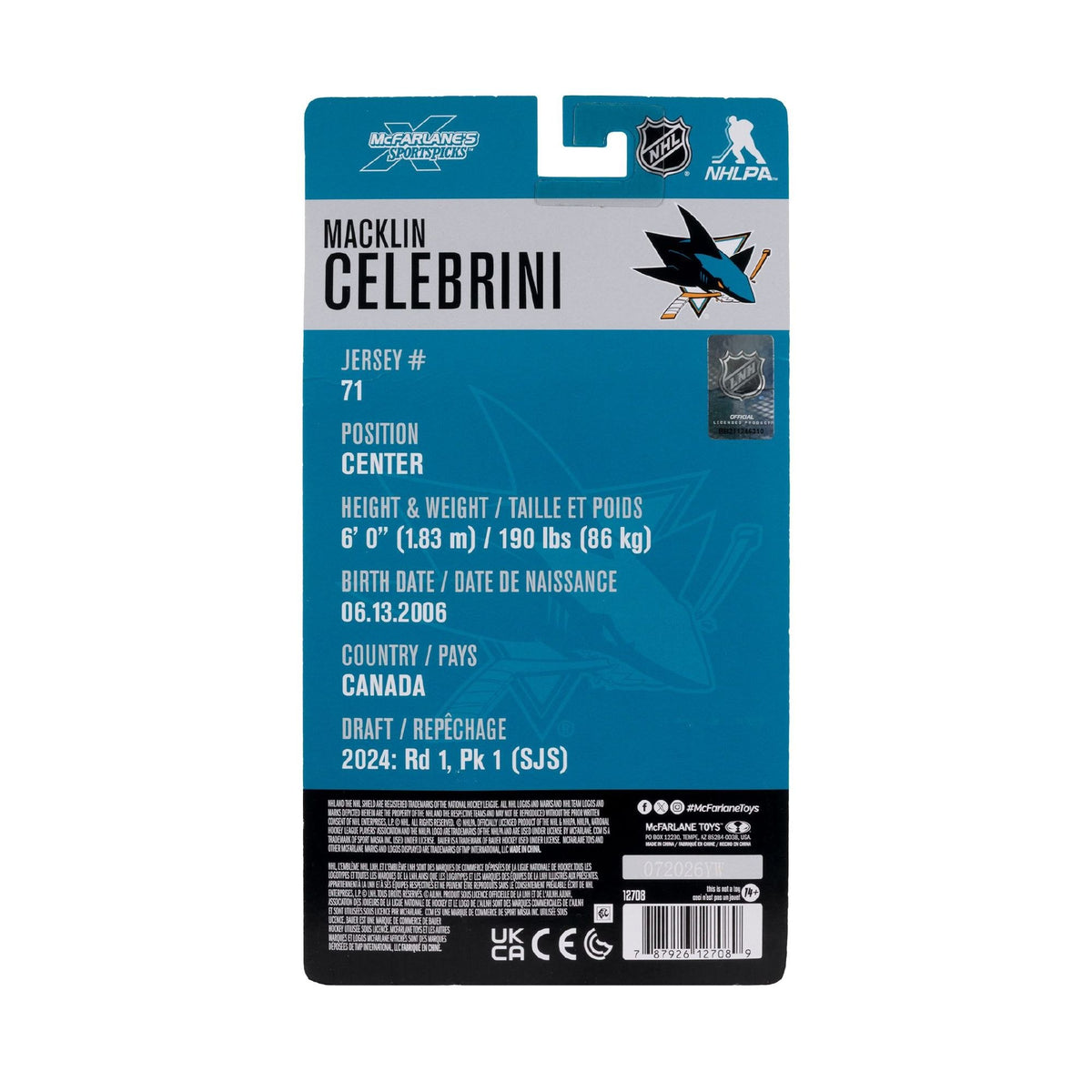 NHL - Macklin Celebrini (San Jose Sharks) 6" Articulated Figure