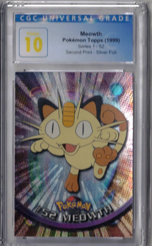 1999 Pokemon Topps Series 1 Second Print 52 Meowth Silver Foil - CGC 10