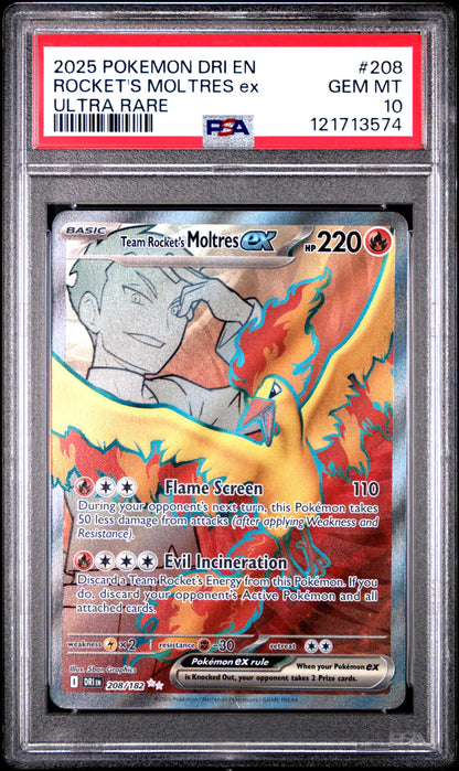 2025 Pokemon Dri En-Destined Rivals 208 Rocket's Moltres Ex Ultra Rare - PSA 10