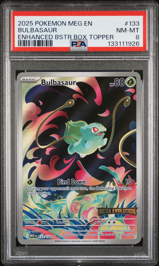 2025 Pokemon Meg En-Mega Evolution 133 Bulbasaur Enhanced Bstr Box Topper - PSA 8