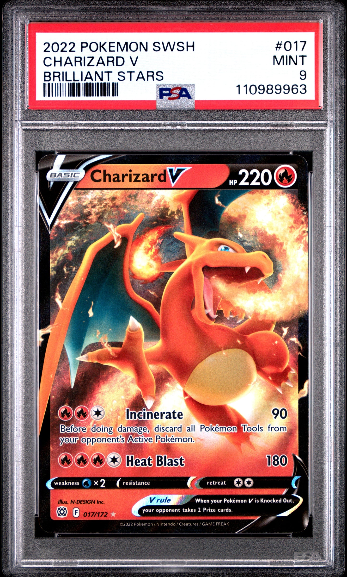 2022 Pokemon Sword & Shield - Brilliant Stars - Charizard V - 017 - PSA 9