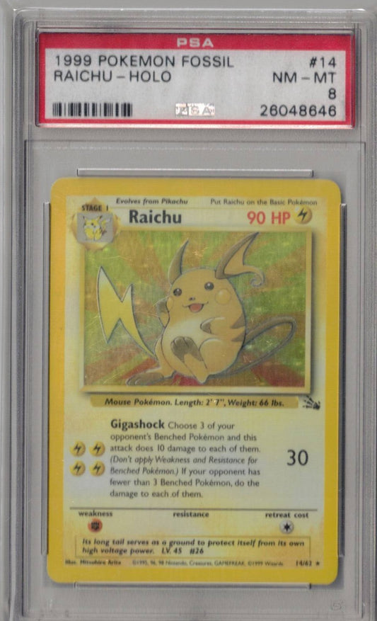 1999 Pokemon Fossil 14 Raichu-Holo - PSA 8