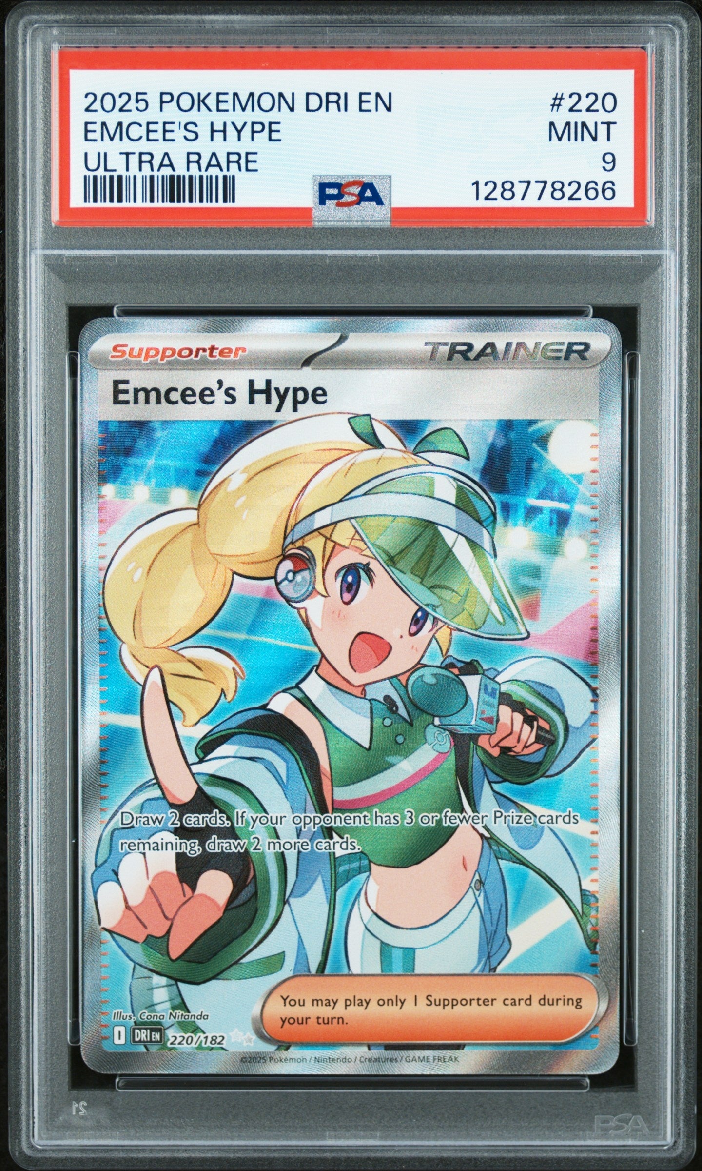 2025 Pokemon Dri En-Destined Rivals 220 Emcee's Hype Ultra Rare - PSA 9