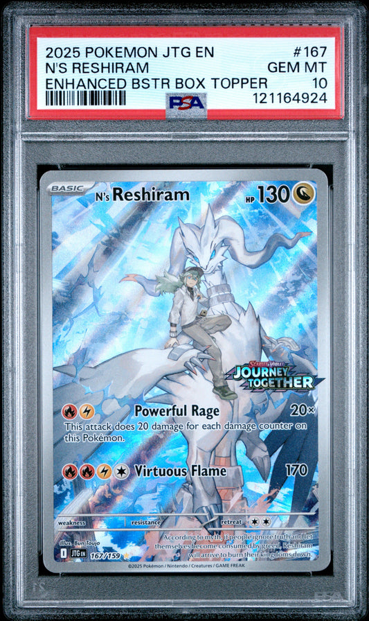 2025 Pokemon Jtg En-Journey Together 167 N's Reshiram Enhanced Bstr Box Topper - PSA 10