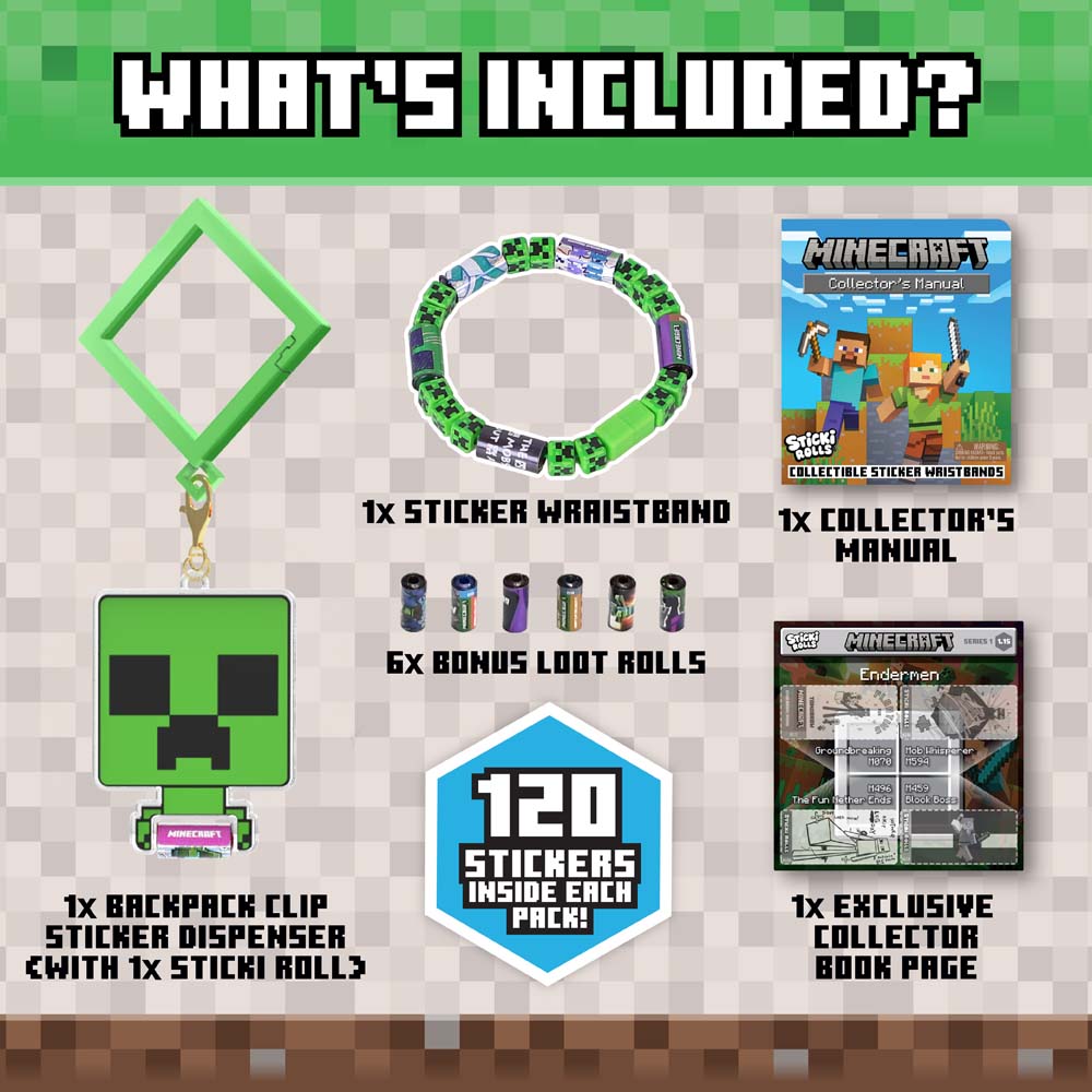 Sticki Rolls Minecraft Pendant & Sticker Wristband Set