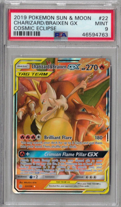 2019 Pokemon Sun & Moon Cosmic Eclipse 22 Charizard & Braixen GX - PSA 9