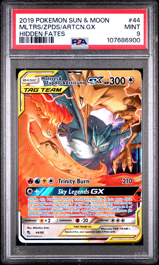 2019 Pokemon Sun & Moon Hidden Fates 44 Moltres & Zapdos & Articuno GX - PSA 9