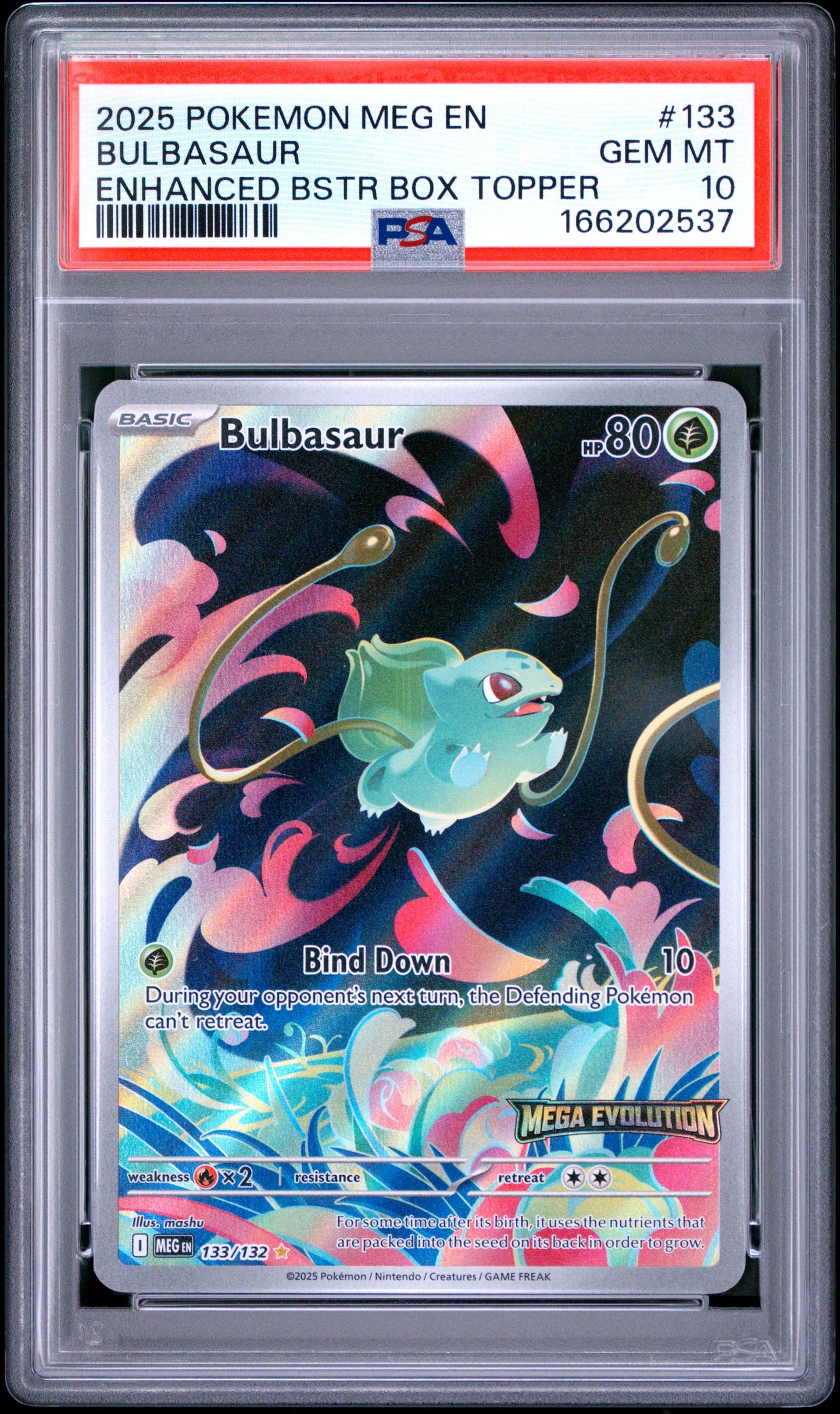 2025 Pokemon Meg En-Mega Evolution 133 Bulbasaur Enhanced Bstr Box Topper - PSA 10