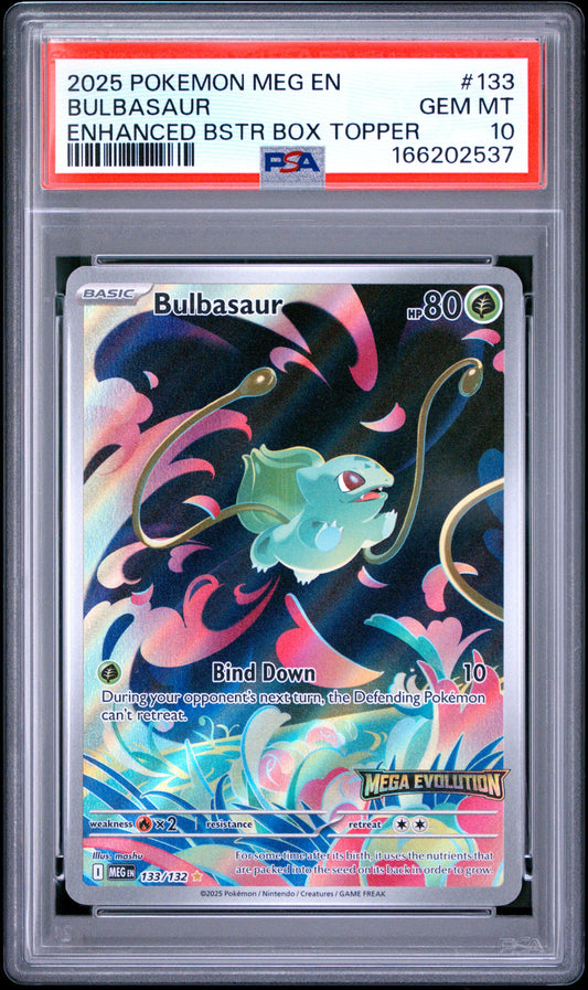 2025 Pokemon Meg En-Mega Evolution 133 Bulbasaur Enhanced Bstr Box Topper - PSA 10