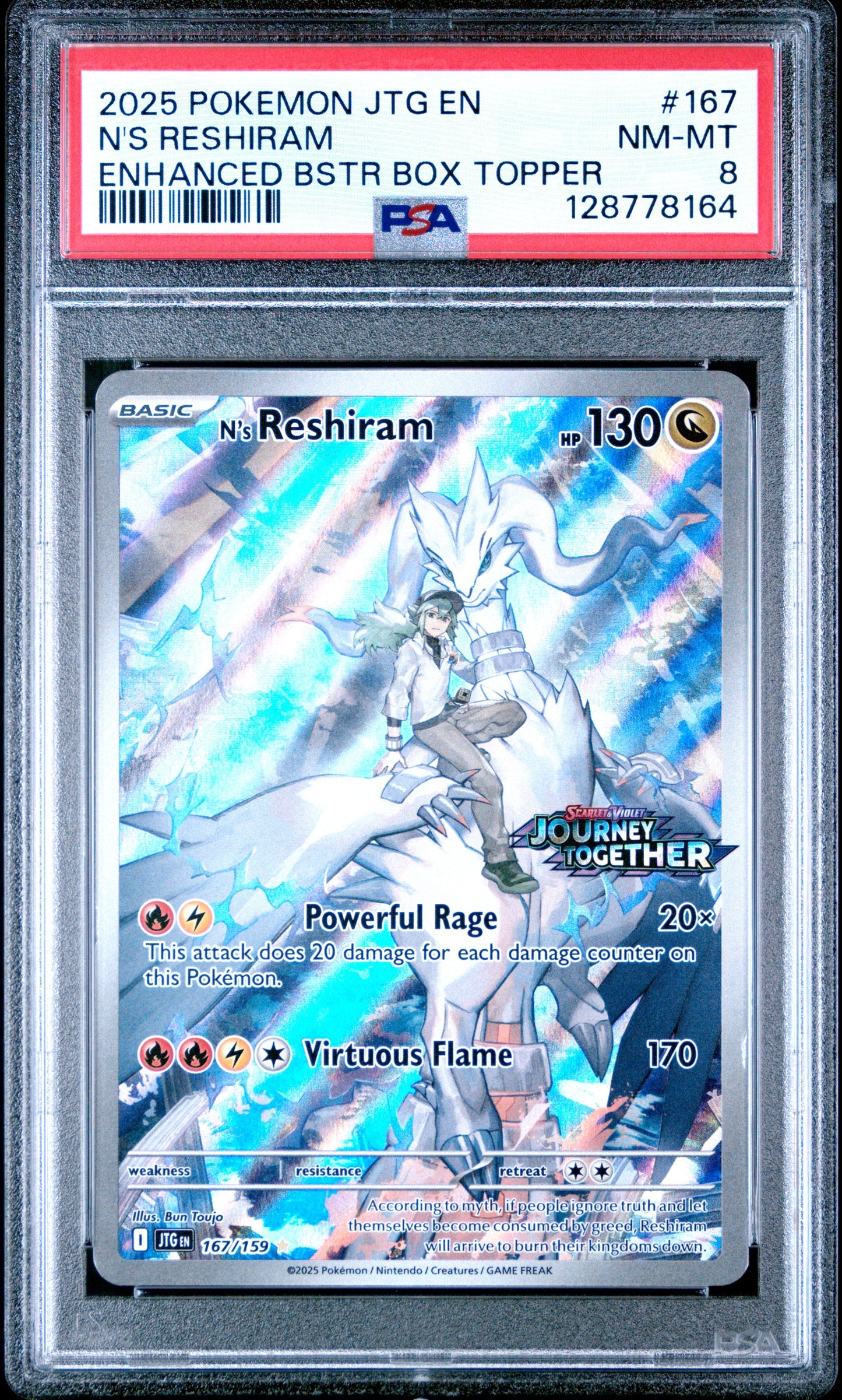 2025 Pokemon Jtg En-Journey Together 167 N's Reshiram Enhanced Bstr Box Topper - PSA 8