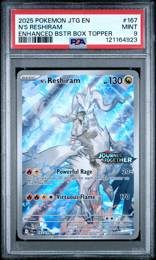 2025 Pokemon Jtg En-Journey Together 167 N's Reshiram Enhanced Bstr Box Topper - PSA 9