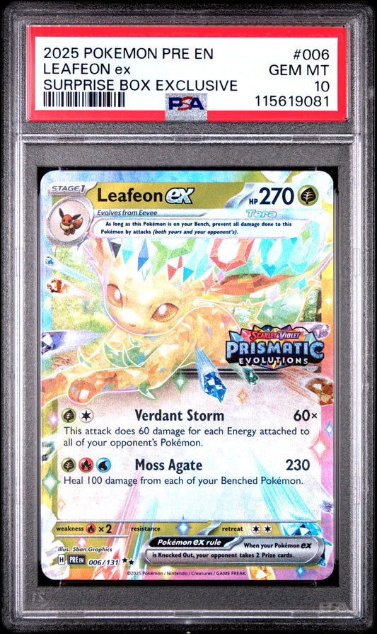 2025 Pokemon Pre En-Prismatic Evolutions 006 Leafeon ex Surprise Box Exclusive - PSA 10
