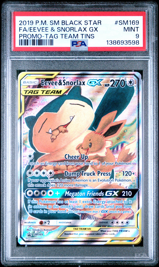 2019 Pokemon Sm Black Star Promo Sm169 Fa/Eevee & Snorlax Gx Promo-Tag Team Tins - PSA 9