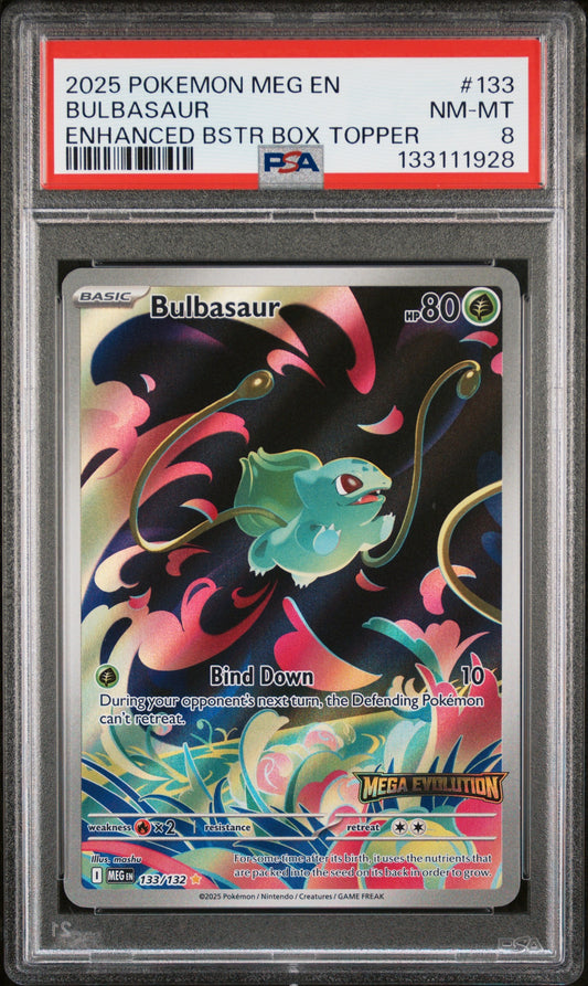 2025 Pokemon Meg En-Mega Evolution 133 Bulbasaur Enhanced Bstr Box Topper - PSA 8