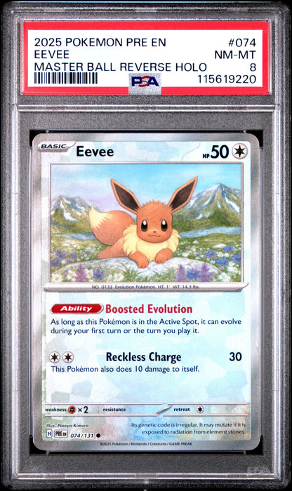 2025 Pokemon Pre En-Prismatic Evolutions 074 Eeve Master Ball Reverse Holo - PSA 8