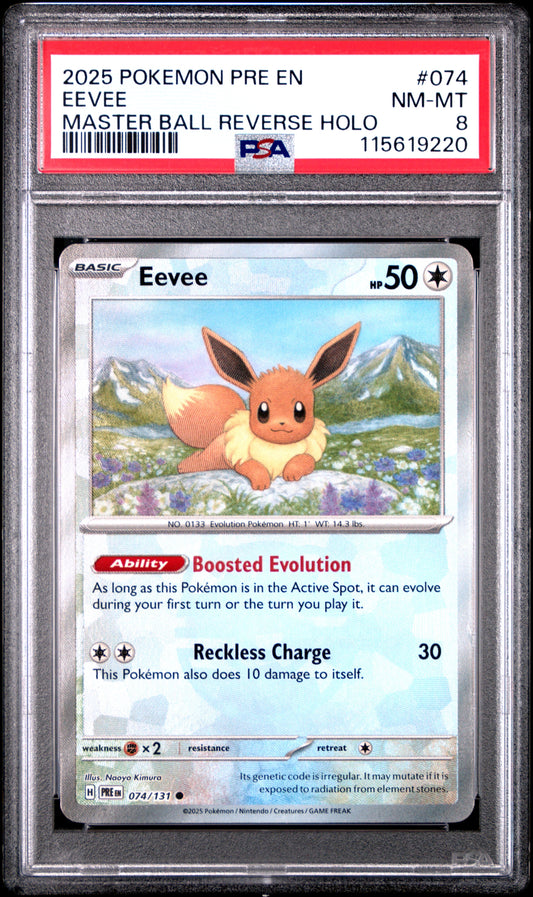 2025 Pokemon Pre En-Prismatic Evolutions 074 Eeve Master Ball Reverse Holo - PSA 8
