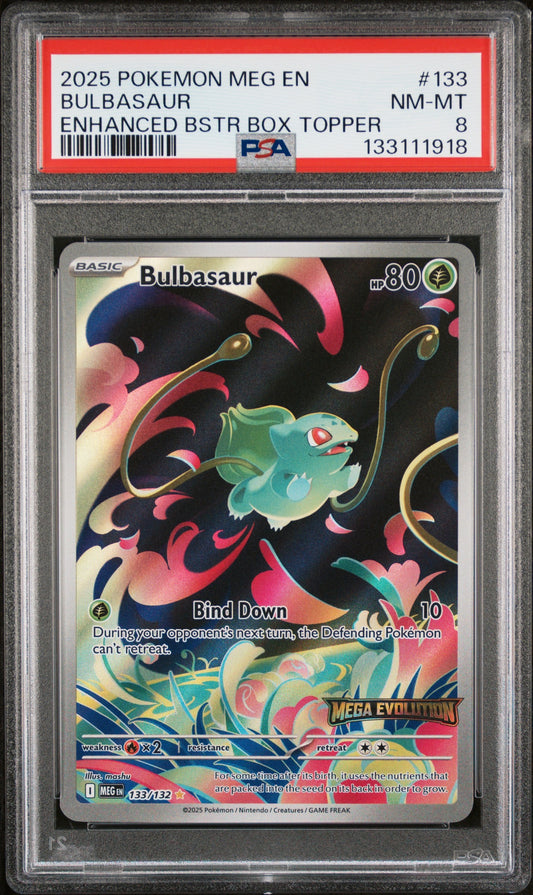 2025 Pokemon Meg En-Mega Evolution 133 Bulbasaur Enhanced Bstr Box Topper - PSA 8