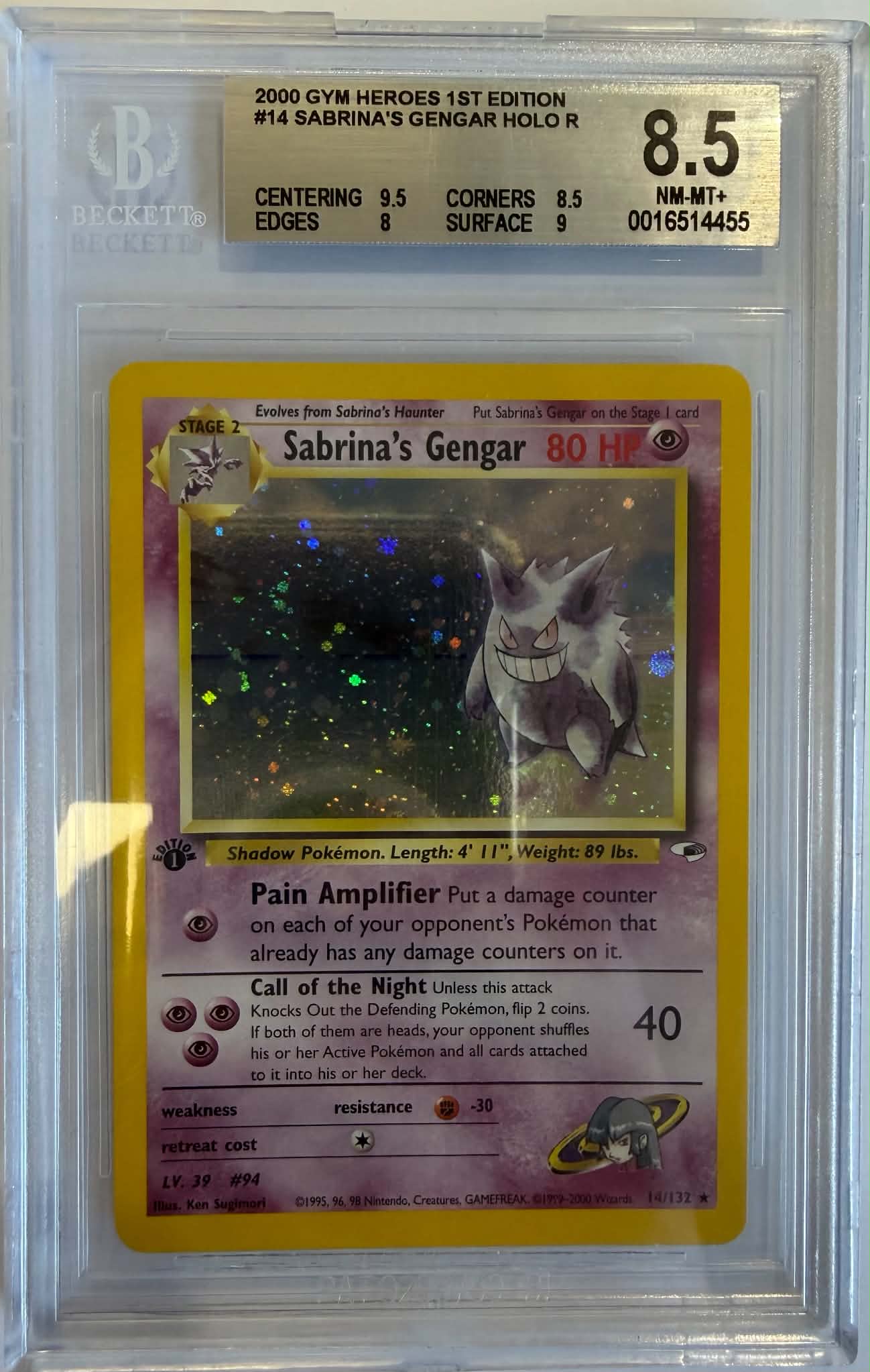 2000 Pokemon Gym Heroes 1st Edition 14 Sabrina's Gengar Holo Rare - BGS 8.5