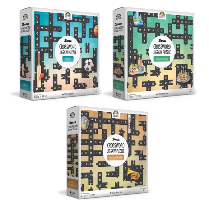Bonza Crossword Jigsaw Puzzle (CDU of 6 Assorted) - Sport!, Australian Cities & Musical Instruments 100 Pieces