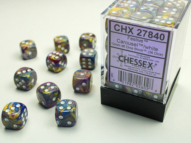 Chessex D6 Festive 12mm d6 Carousel/white Dice Block (36 dice)