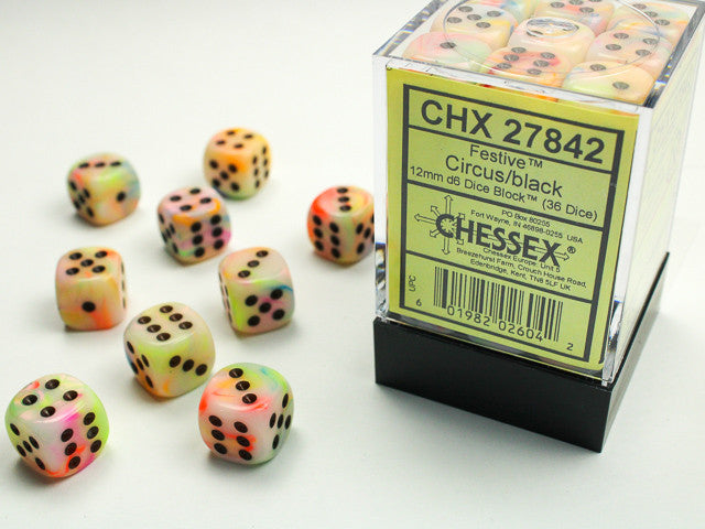 Chessex D6 Festive 12mm d6 Circus/black Dice Block (36 dice)