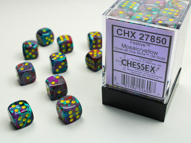 Chessex D6 Festive 12mm d6 Mosaic/yellow Dice Block (36 dice)