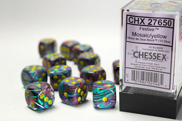 Chessex D6 Festive 16mm d6 Mosaic/yellow Dice Block (12 dice)