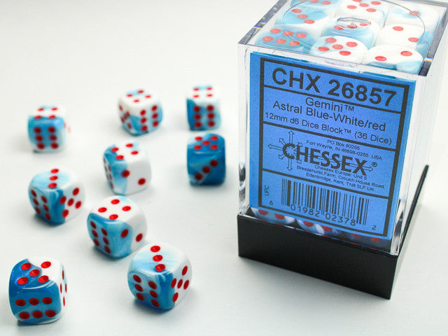 Chessex D6 Gemini 12mm d6 Astral Blue-White/red Dice Block (36 dice)
