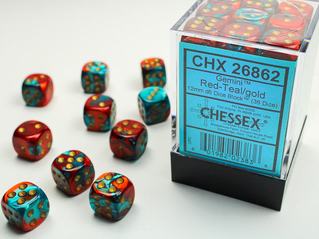 Chessex D6 Gemini 12mm d6 Red-Teal/gold Dice Block (36 dice)