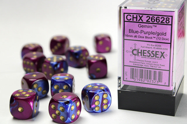 Chessex D6 Gemini 16mm d6 Blue-Purple/gold Dice Block (12 dice)