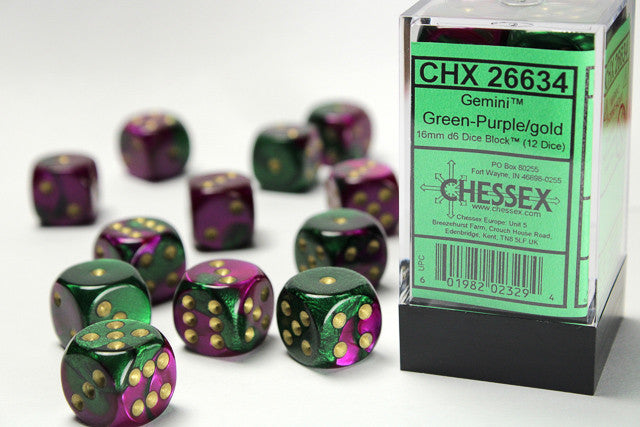 Chessex D6 Gemini 16mm d6 Green-Purple/gold Dice Block (12 dice)