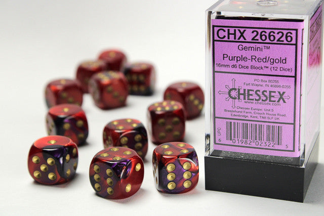 Chessex D6 Gemini 16mm d6 Purple-Red/gold Dice Block (12 dice)