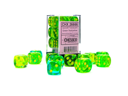 Chessex D6 DiceGemini 16mm d6 Translucent Green-Teal/yellow Dice Block (12 dice)
