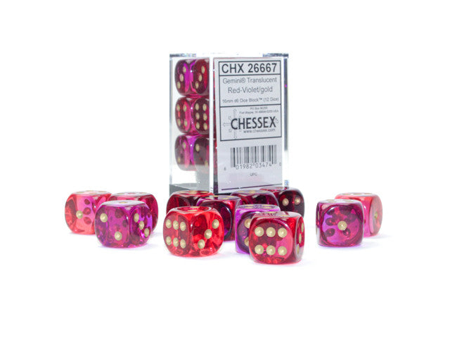 Chessex D6 DiceGemini 16mm d6 Translucent Red-Violet/gold Dice Block (12 dice)