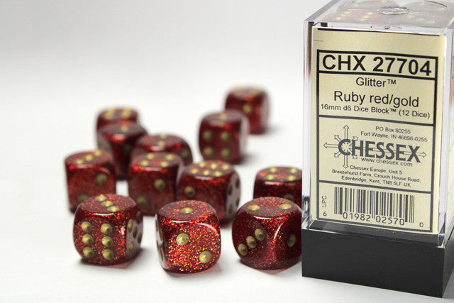 Chessex D6 Glitter 16mm d6 Ruby/gold Dice Block (12 dice)
