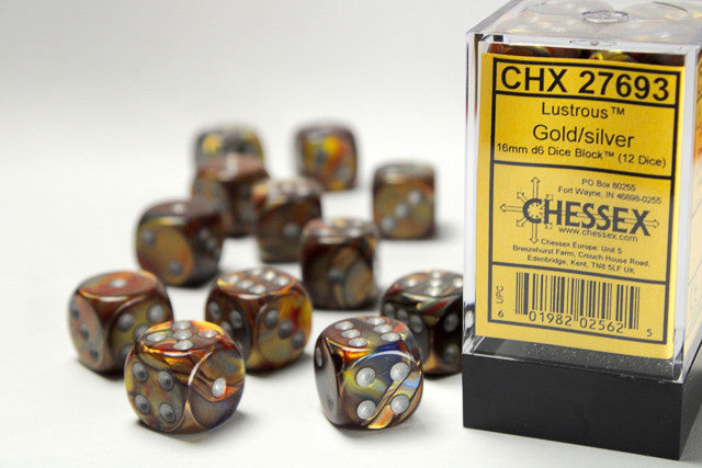 Chessex D6 Lustrous 16mm d6 Gold/silver Dice Block (12 dice)