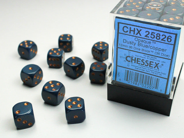 Chessex D6 Opaque 12mm d6 Dusty Blue/copper Dice Block (36 dice)